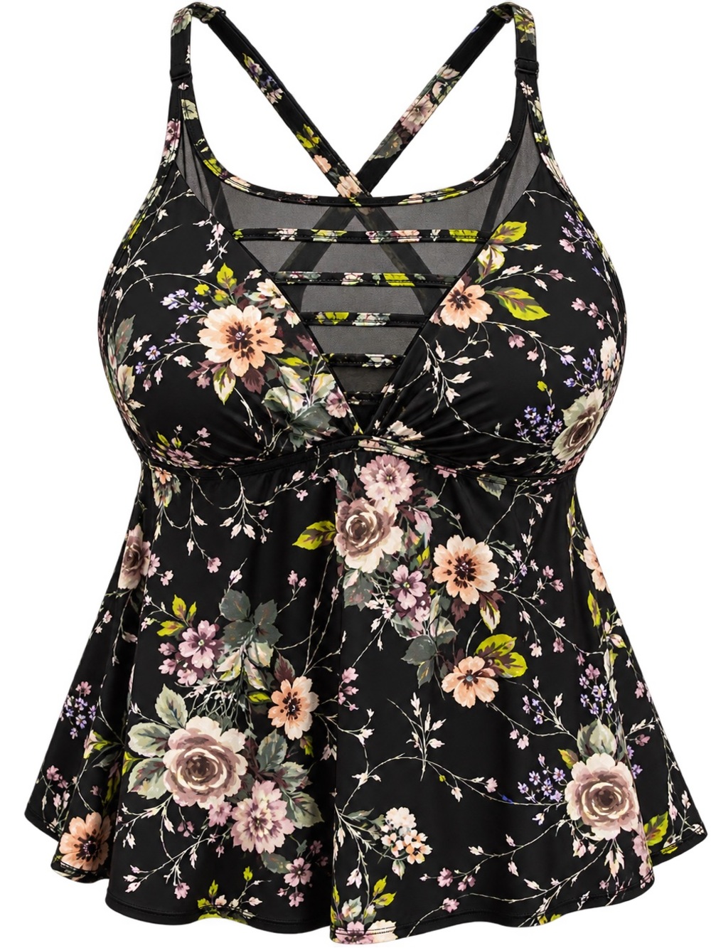 Torrid 6 Floral Strappy Black Plus-Size Tankini Top with Mesh Yoke Insert